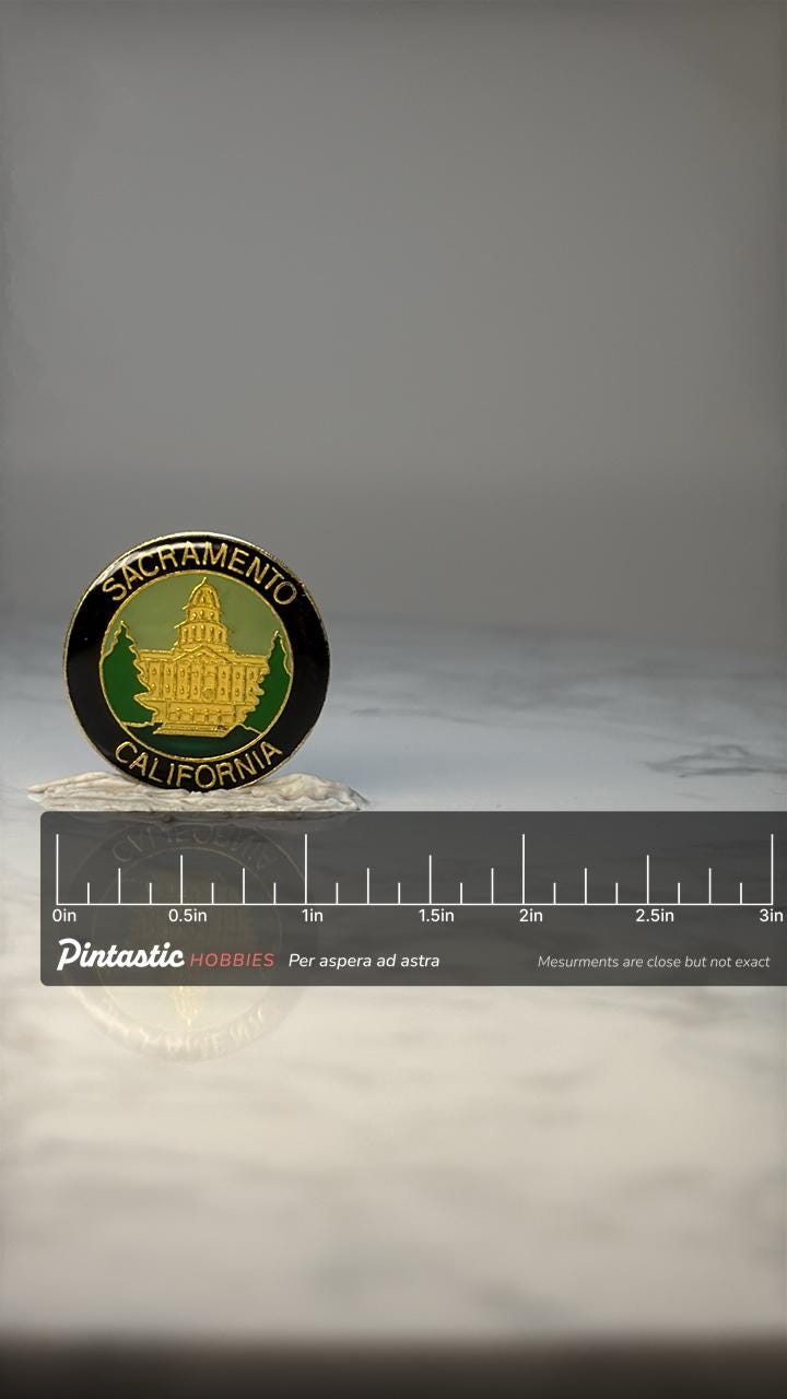 Vintage Sacramento California Souvenir Pin: Gold & Green Enamel - Travel Accessory with ruler overlay for size reference