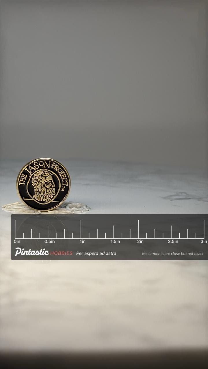Vintage Jason Project Enamel Pin: Black Gold - Education Accessory with ruler overlay for size reference