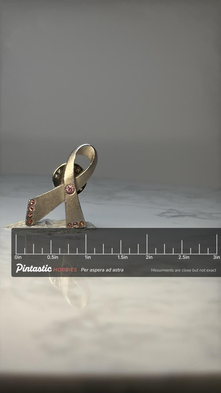 Vintage Breast Cancer Awareness Ribbon Pin: Gold Tone - Pink Rhinestone Accessory with ruler overlay for size reference