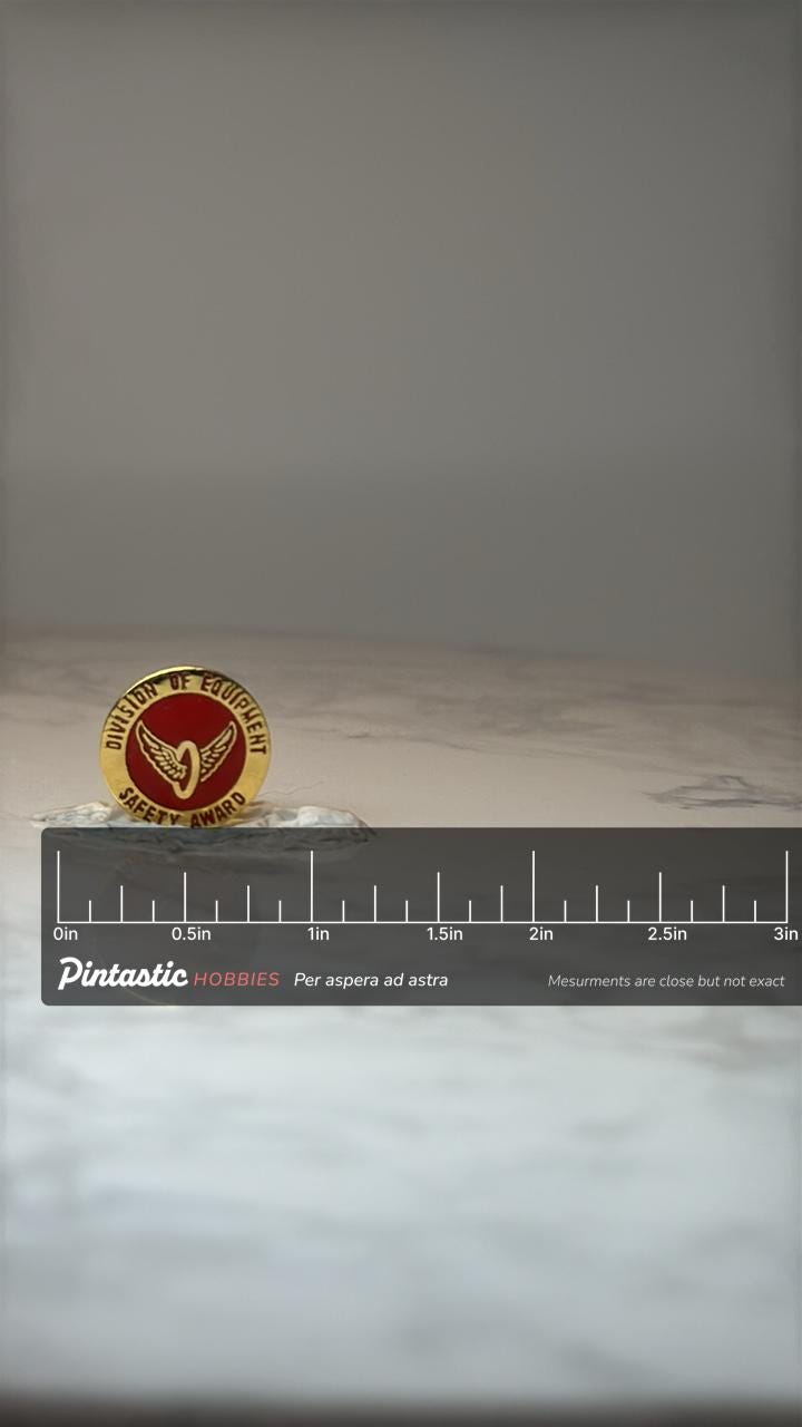 Vintage Division of Equipment Safety Award Pin: Red Enamel - Safety with ruler overlay for size reference