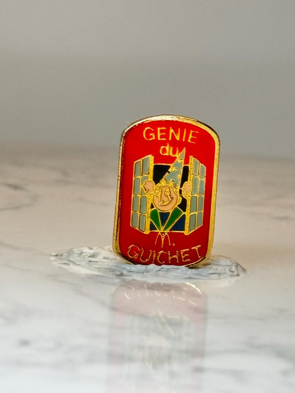 French McDonalds Genie du Guichet Enamel Pin: Red Gold Tone - French Corporate Accessory