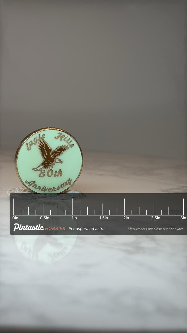 Vintage Eagle Hills Anniversary Pin: Green Enamel - 80th Theme Accessory with ruler overlay for size reference