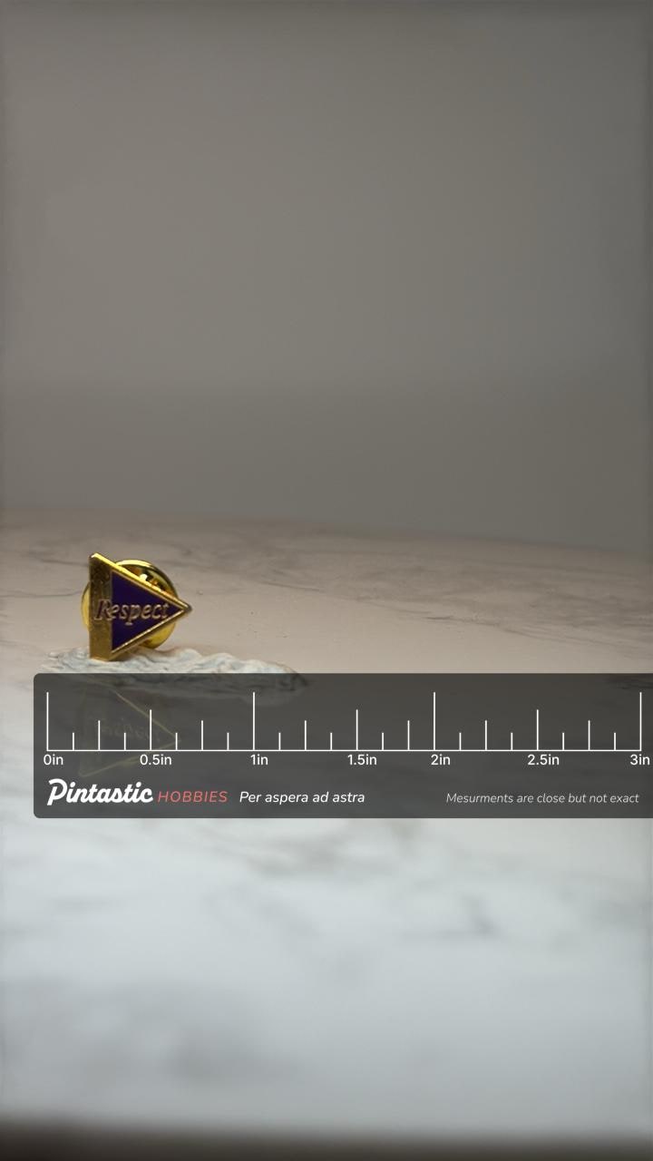 Vintage Respect Triangle Enamel Pin: Gold Tone Purple - 1990s Accessory with ruler overlay for size reference