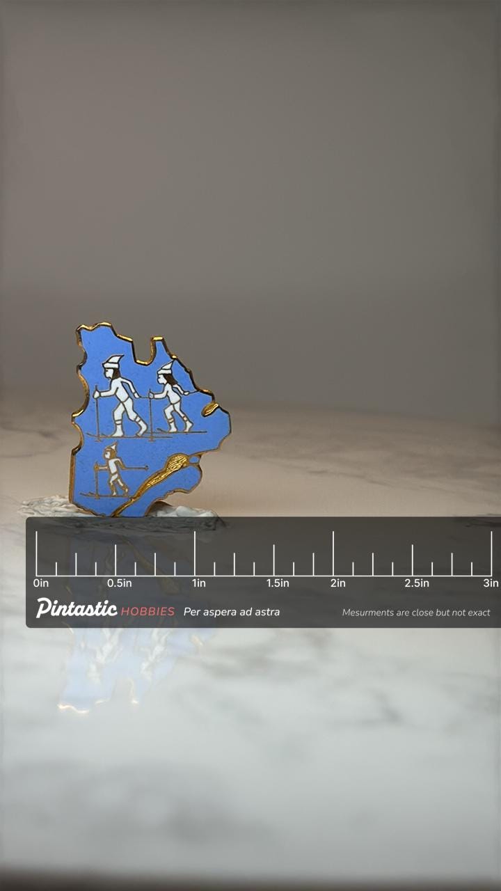 Vintage Maine Skiing Enamel Pin: Blue Gold Tone - Winter Sports Accessory with ruler overlay for size reference