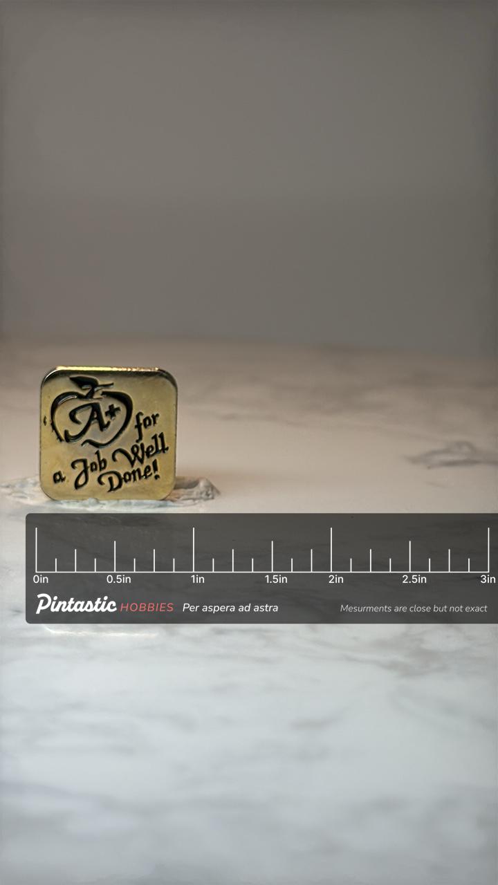 Vintage A Plus Apple Lapel Pin: Gold Tone - Teacher Award Accessory with ruler overlay for size reference