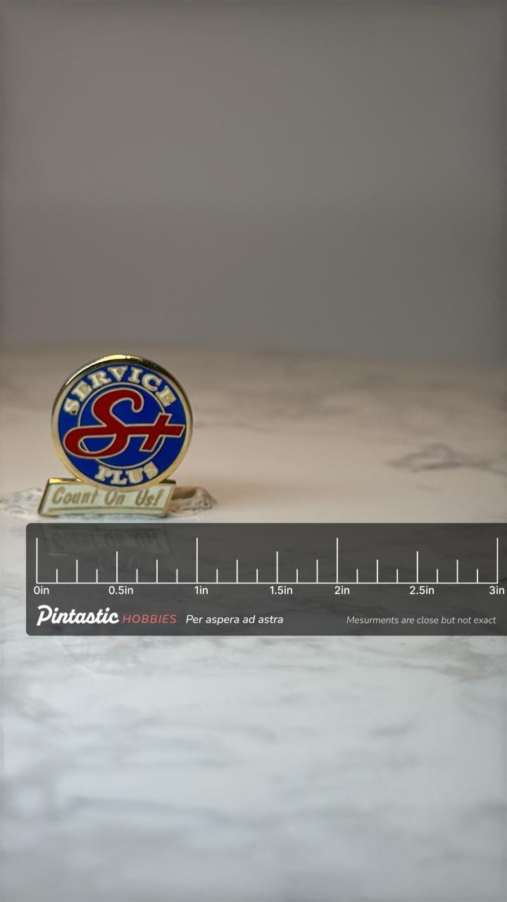 Vintage Service Plus S+ Logo Pin: Blue Red Enamel - Promo Accessory with ruler overlay for size reference