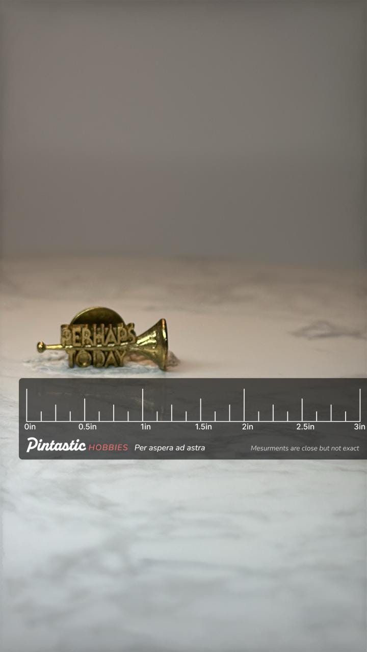 Vintage Perhaps Today Trumpet Pin: Gold Tone - Motivational Accessory with ruler overlay for size reference