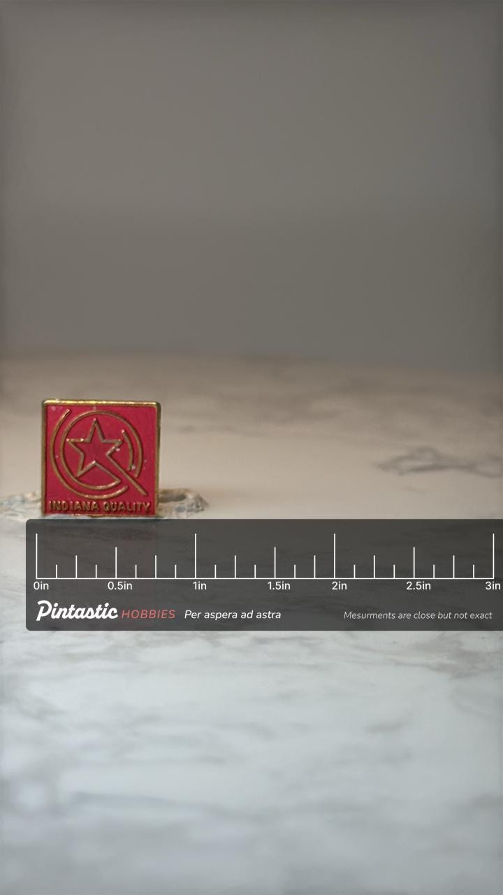 Vintage Indiana Quality Enamel Pin: Red Gold Tone - 1980s Promo Accessory with ruler overlay for size reference