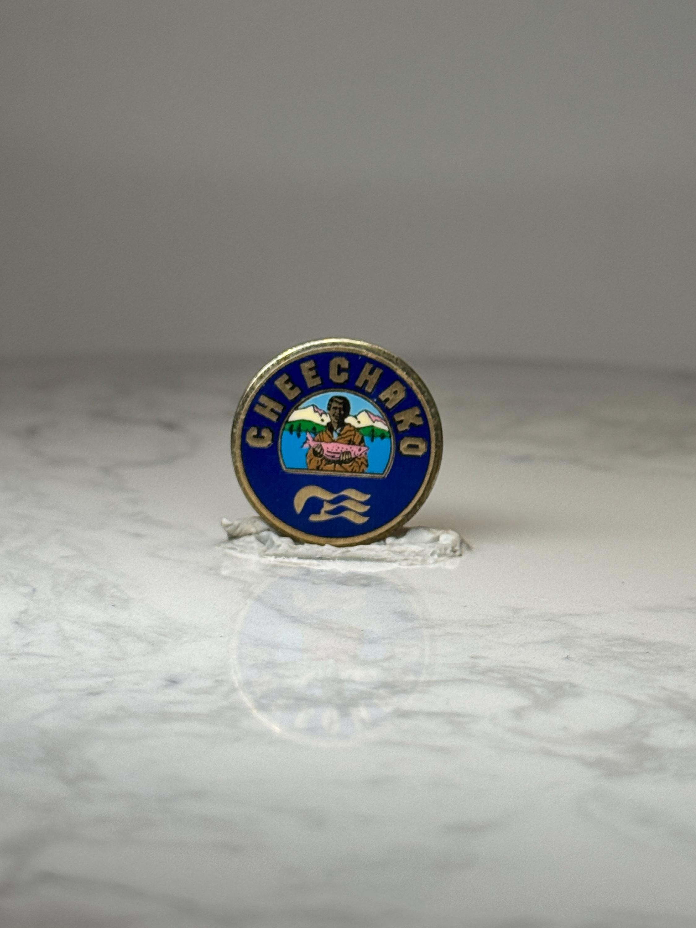 Vintage Cheechako Souvenir Pin: Blue Enamel Gold Tone - Alaska Theme Accessory