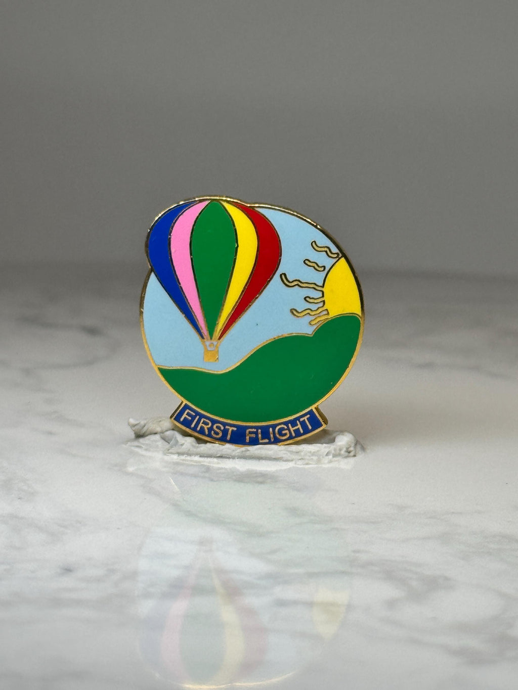 Vintage Hot Air Balloon Lapel Pin: Gold Tone Enamel - First Flight Souvenir