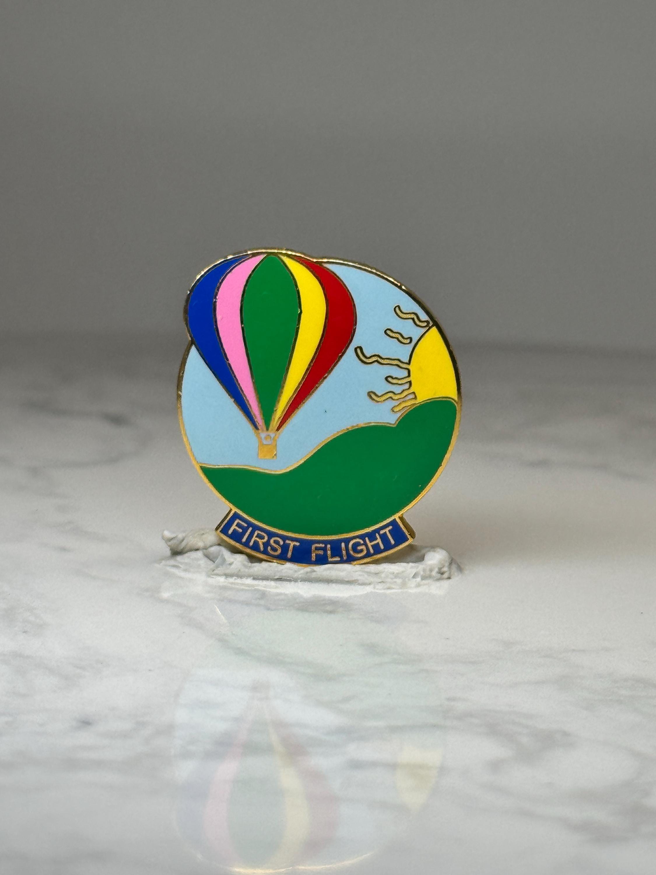 Vintage Hot Air Balloon Lapel Pin: Gold Tone Enamel - First Flight Souvenir