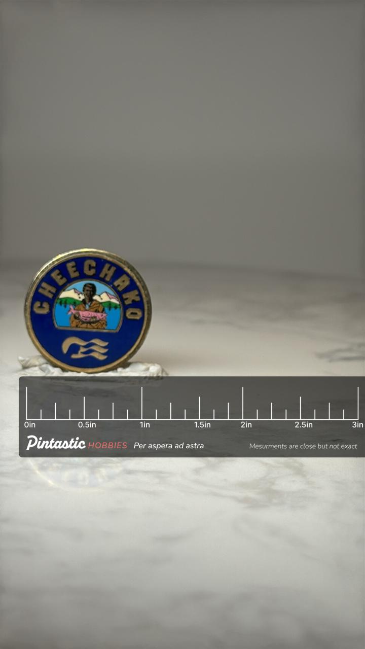 Vintage Cheechako Souvenir Pin: Blue Enamel Gold Tone - Alaska Theme Accessory with ruler overlay for size reference