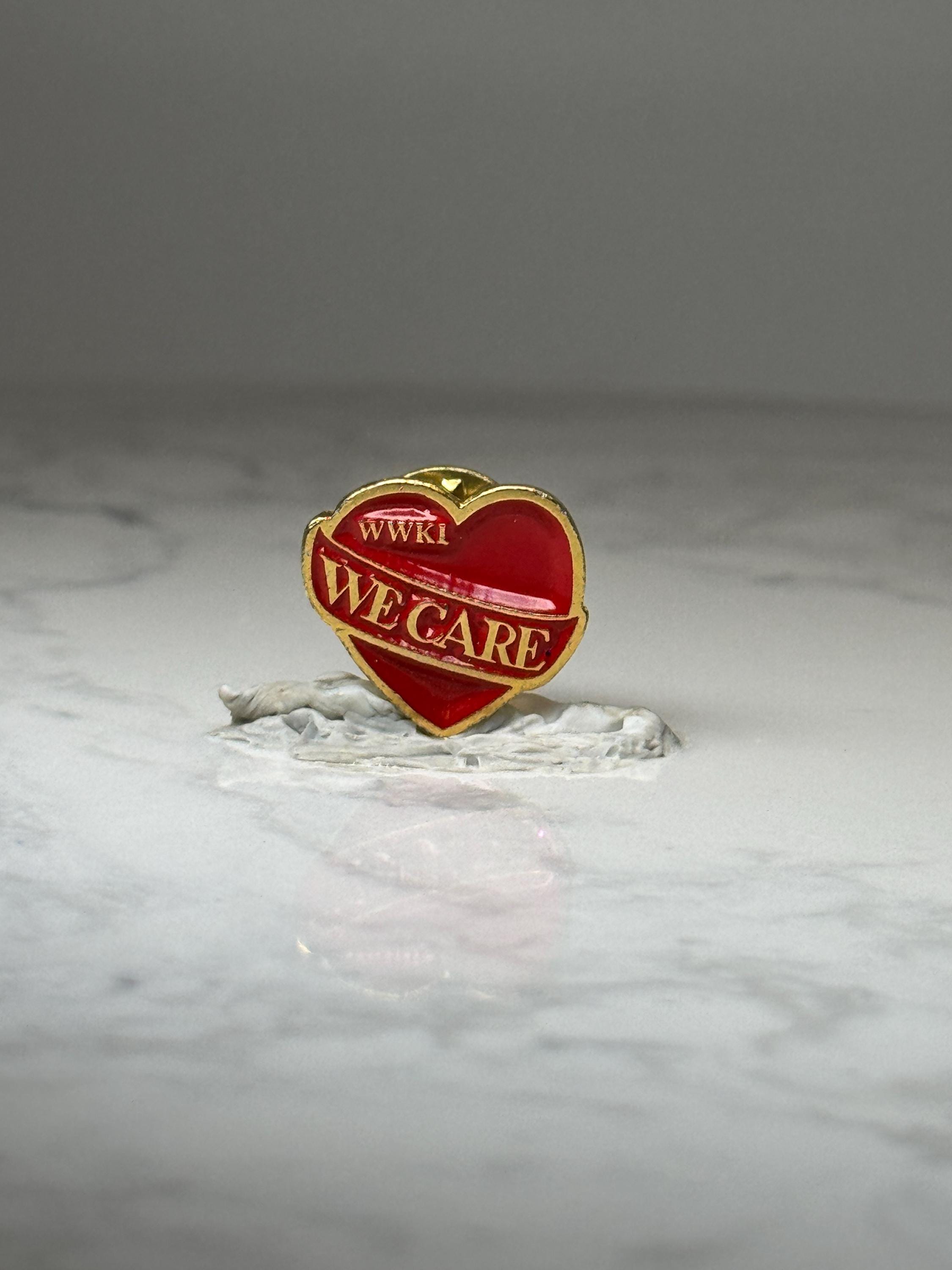 Vintage WWKI We Care Heart Pin: Red Enamel Gold Tone - Radio Promo Accessory