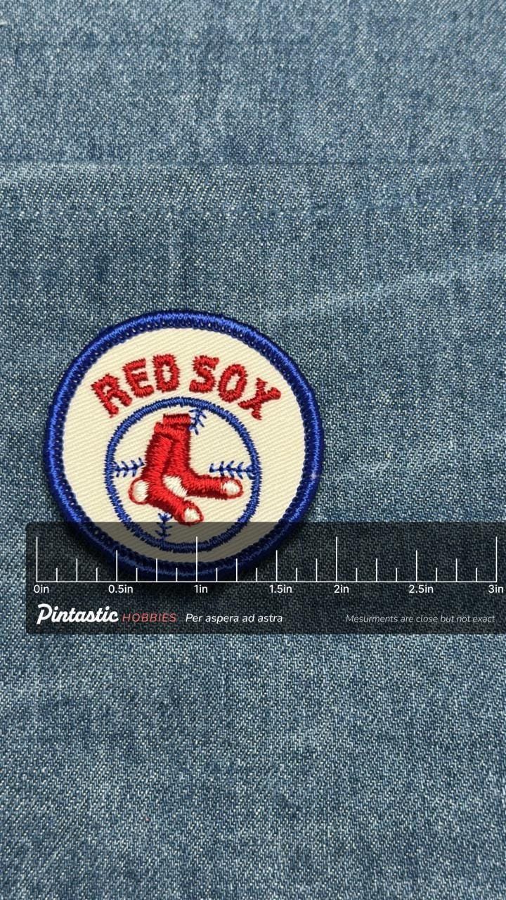 Red sox sew on patch: classic red/blue - vintage mlb accessory with ruler overlay for size reference