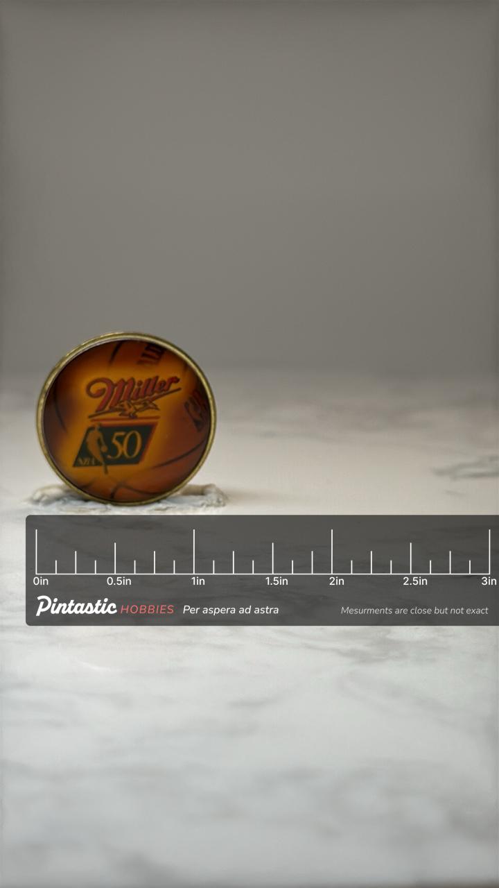 Vintage Miller NBA 50 Basketball Pin: Amber Dome - 1990s Sports Promo with ruler overlay for size reference