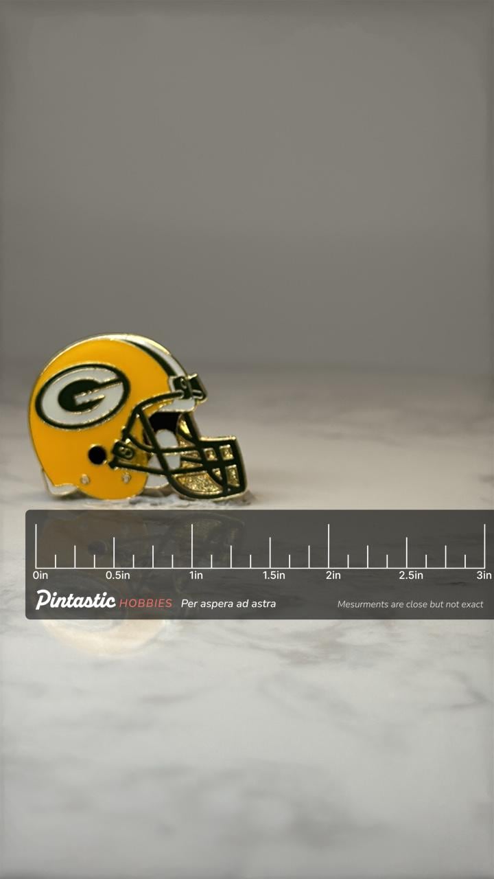 Vintage Green Bay Packers Helmet Pin: Green Gold Enamel - NFL Accessory with ruler overlay for size reference