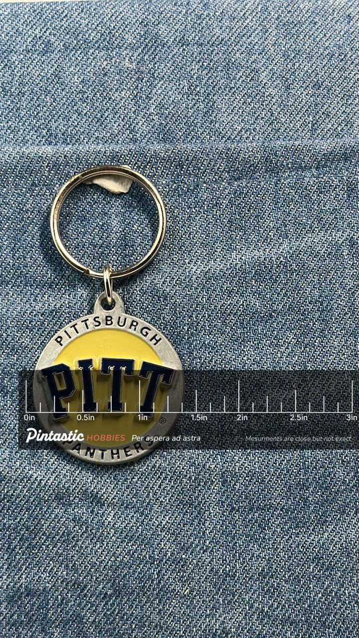 Vintage Pittsburgh Pitt Keychain: Metal Enamel - Panthers Era Accessory with ruler overlay for size reference