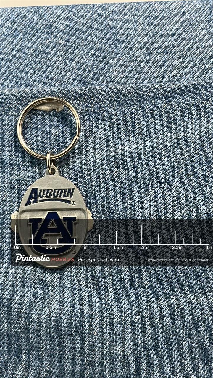Vintage Auburn University Keychain: Blue Enamel Metal - College Accessory with ruler overlay for size reference