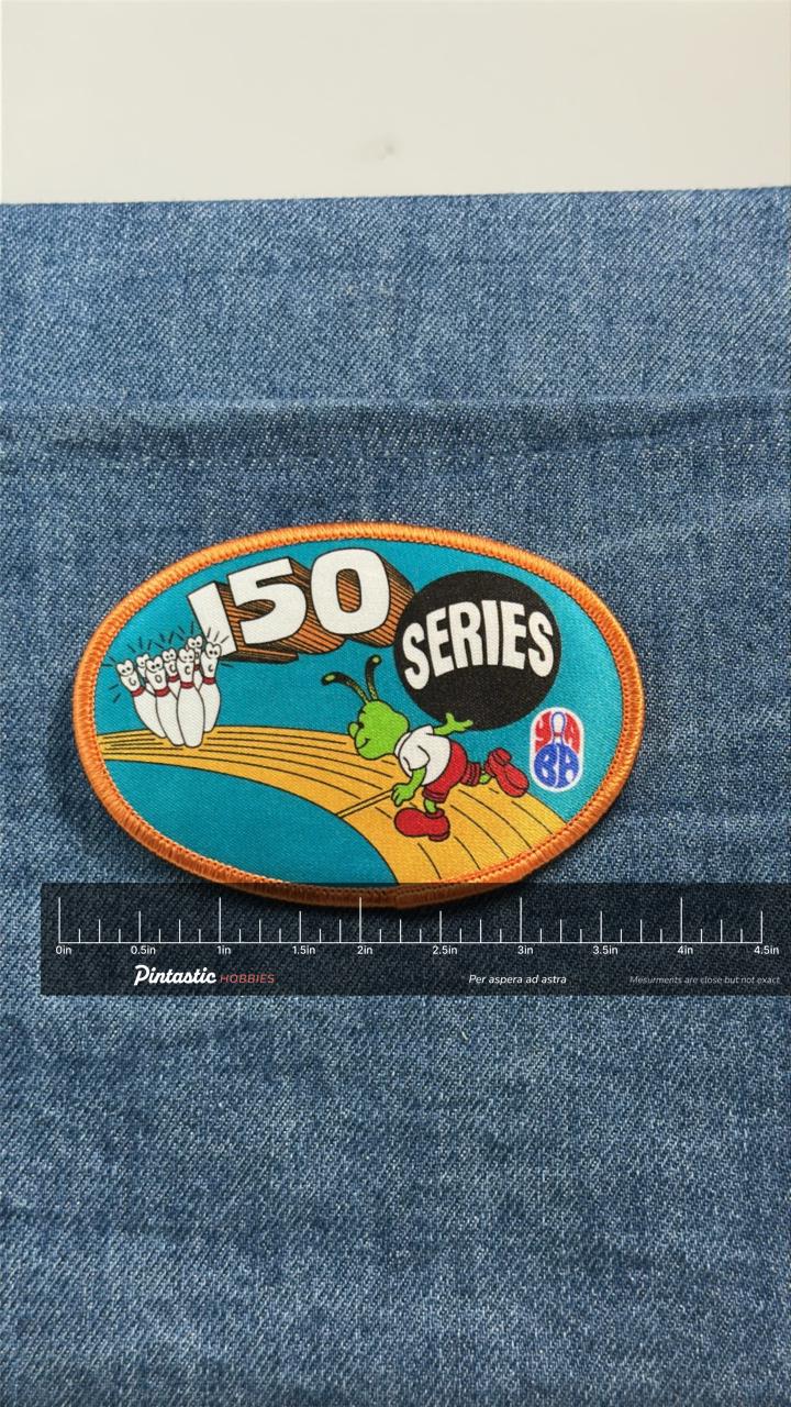 150 Series Bowling Patch: Colorful Cartoon - Retro League Accessory with ruler overlay for size reference