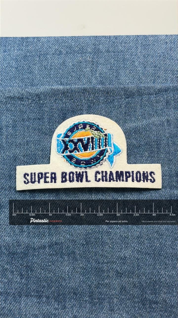 Super Bowl Champions Patch Embroidered NFL Football Sew On Patch Vintage Style with ruler overlay for size reference