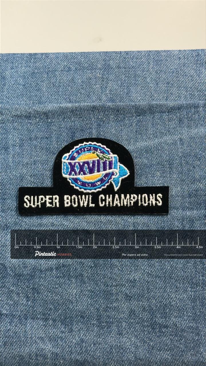Super Bowl Champions Patch Embroidered NFL Football Sew On Patch Vintage Style with ruler overlay for size reference