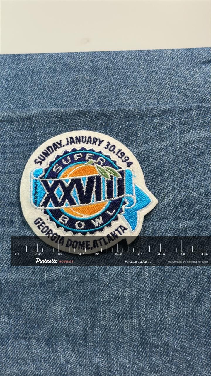 Super Bowl XXVIII Patch: Blue White - 1994 NFL Accessory with ruler overlay for size reference