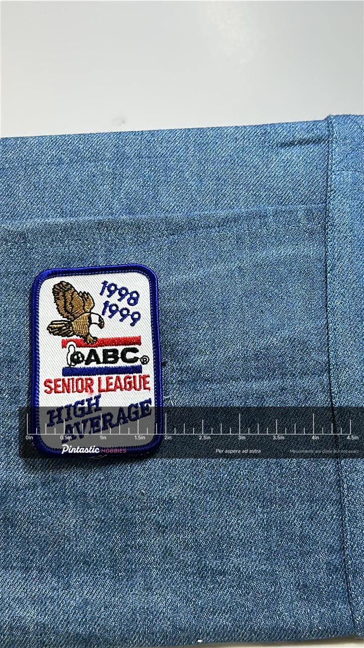 ABC Senior League High Average Patch 1998 1999 Vintage Bowling Award with ruler overlay for size reference