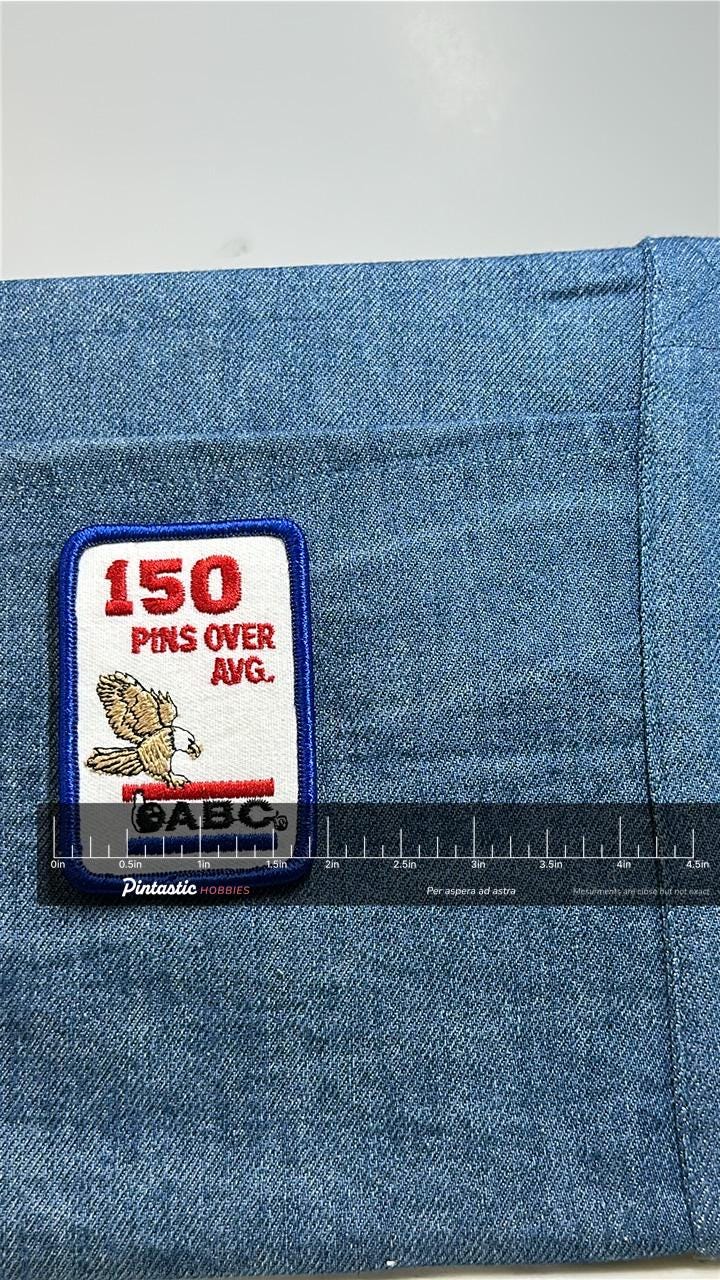 150 Pins Over Avg Patch: Red White Blue - Bowling Accessory with ruler overlay for size reference