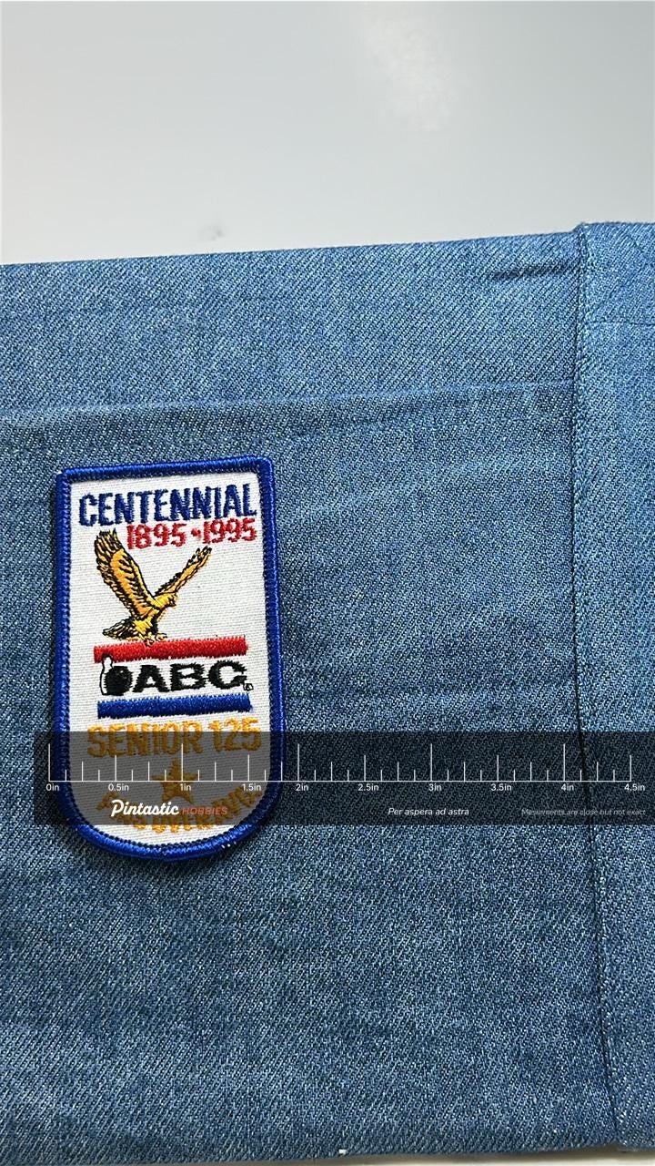 ABC Bowling Patch Centennial 1895-1995 Senior 125 Pins Over Average Award Patch with ruler overlay for size reference