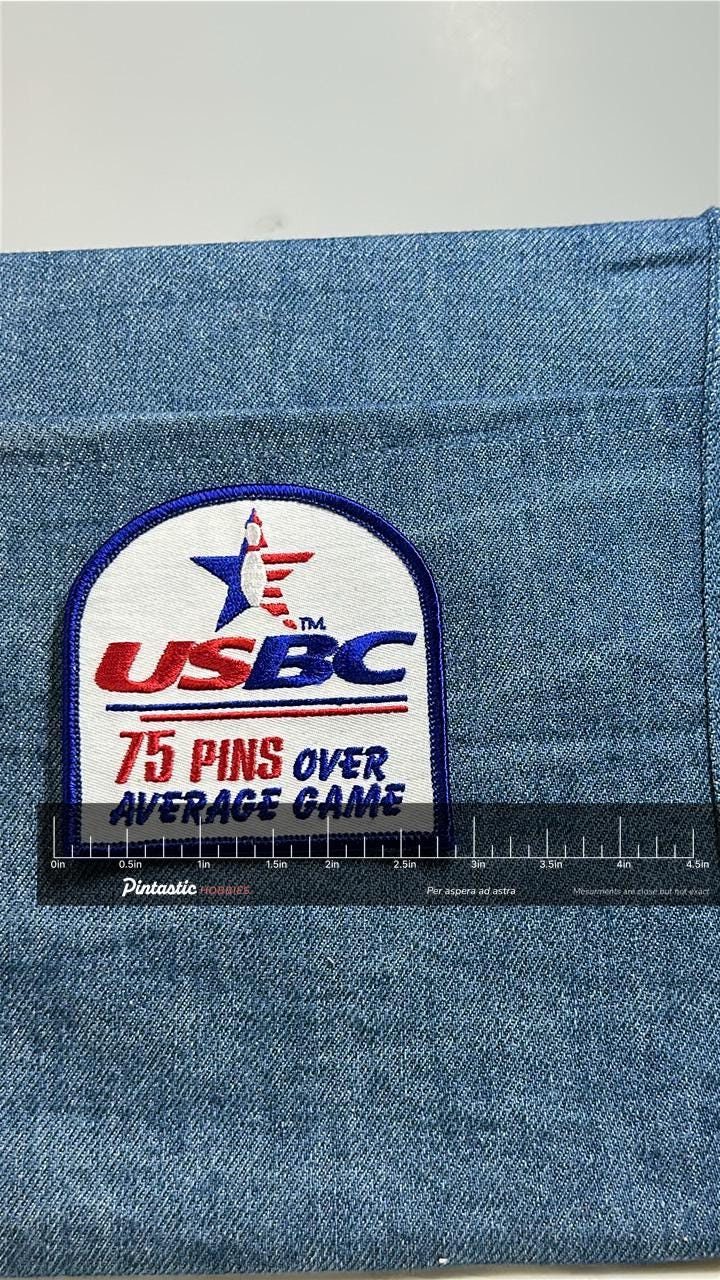 USBC 75 Pins Over Average Patch: Red White Blue - Bowling Award with ruler overlay for size reference