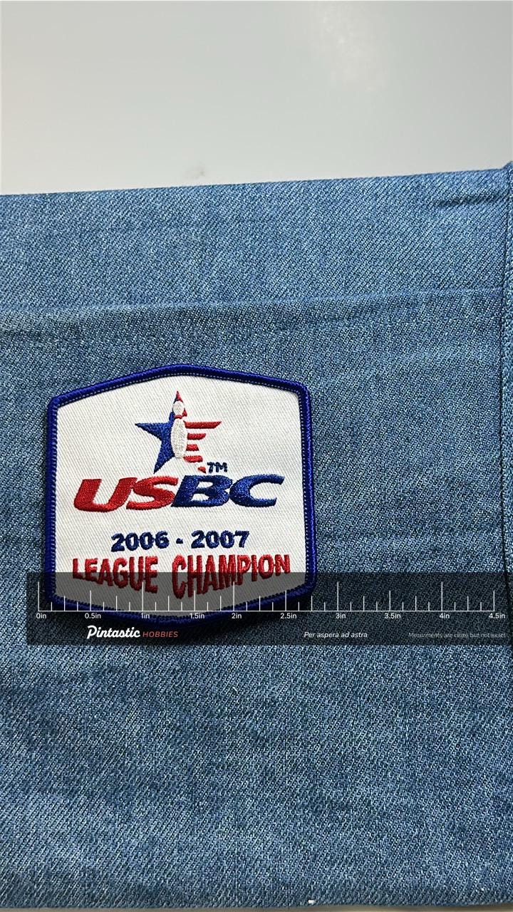 USBC League Champion Patch: Red White Blue - 2006 2007 Bowling Accessory with ruler overlay for size reference
