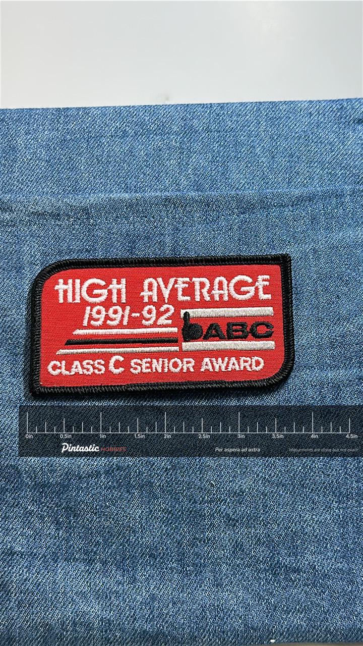 ABC Bowling Patch High Average Class C Senior Award 1991-1992 Vintage Red with ruler overlay for size reference