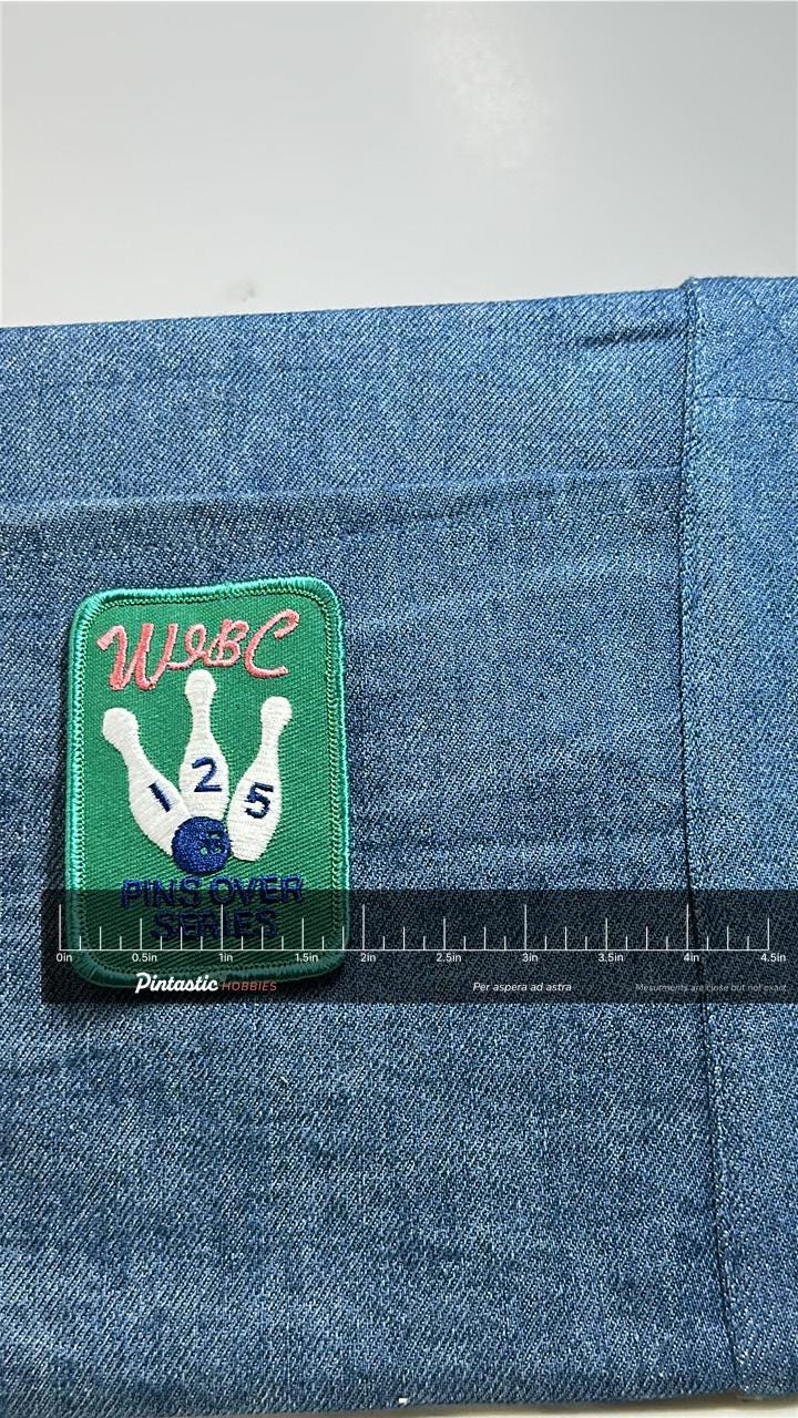 WIBC Bowling Patch: Green Pins Design - Retro League Accessory with ruler overlay for size reference