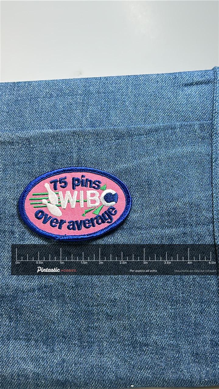 WIBC 75 Pins Over Average Patch: Pink Oval - Bowling Era Accessory with ruler overlay for size reference