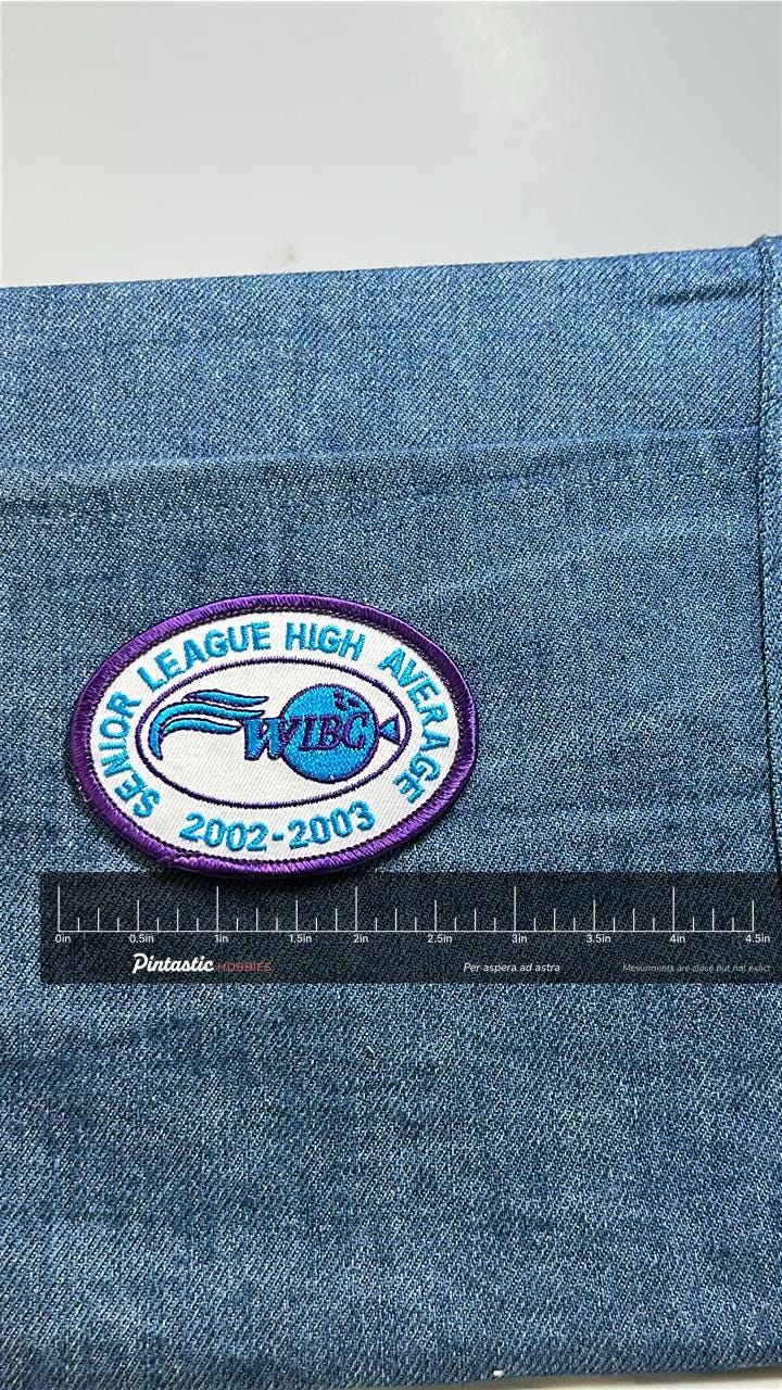 Senior League High Average Patch: Purple & Blue - 2002-2003 Bowling Accessory with ruler overlay for size reference