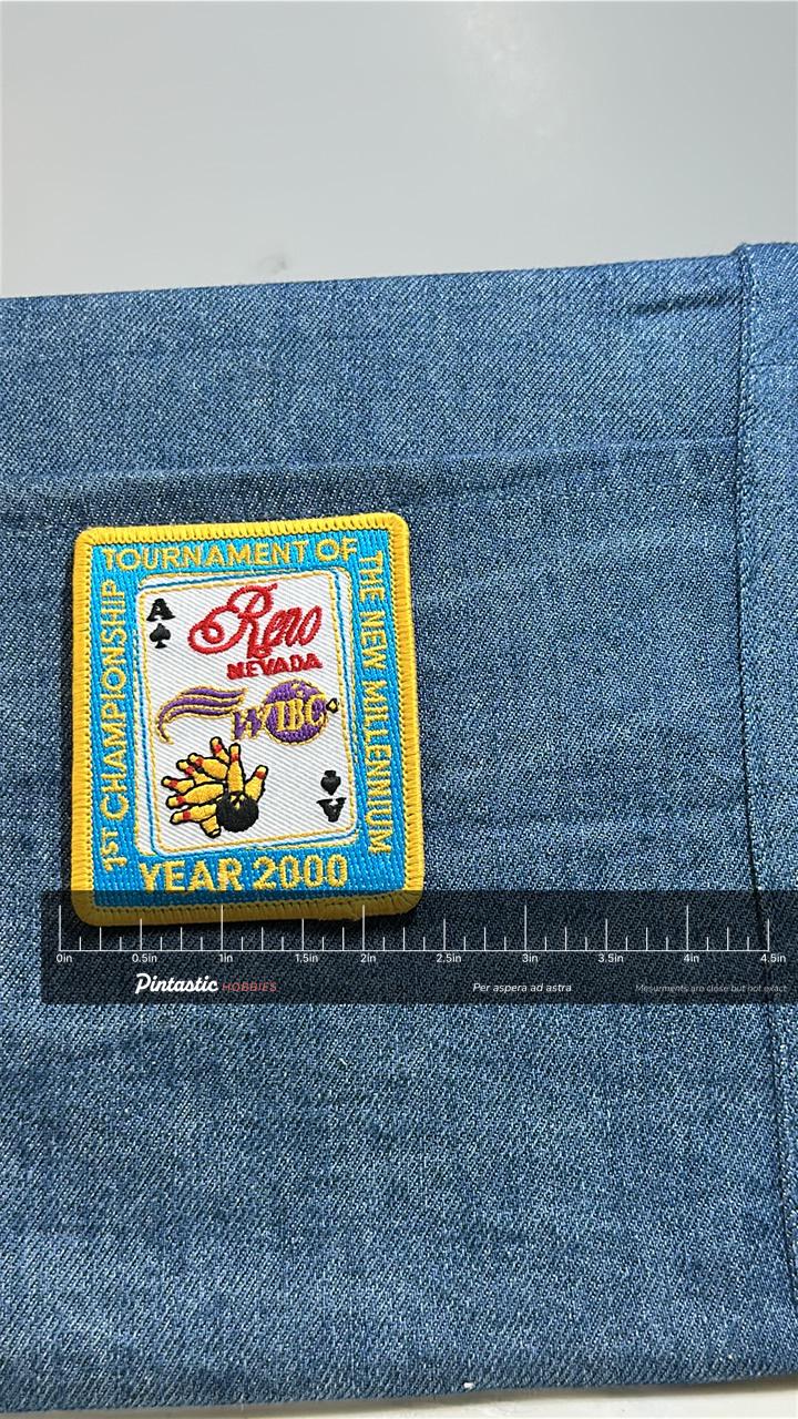 Reno Bowling Tournament Patch: Blue Gold - 2000 Millennium Accessory with ruler overlay for size reference