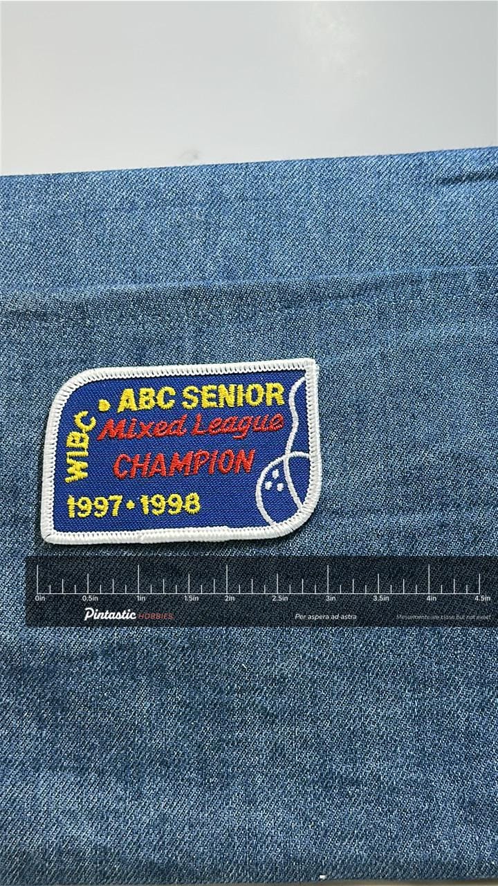 ABC WIBC Senior Mixed League Champion Patch 1997 1998 Vintage Bowling with ruler overlay for size reference