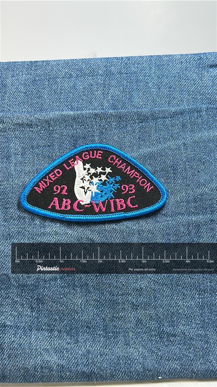 ABC WIBC Mixed League Champion Patch 1992 1993 Vintage Bowling Award with ruler overlay for size reference
