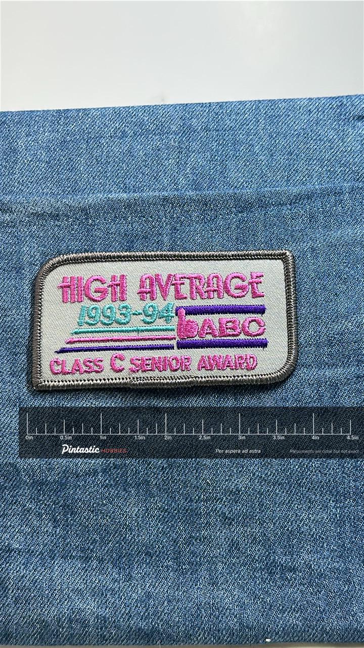 ABC High Average Patch 1993 1994 Class C Senior Award Vintage Bowling with ruler overlay for size reference