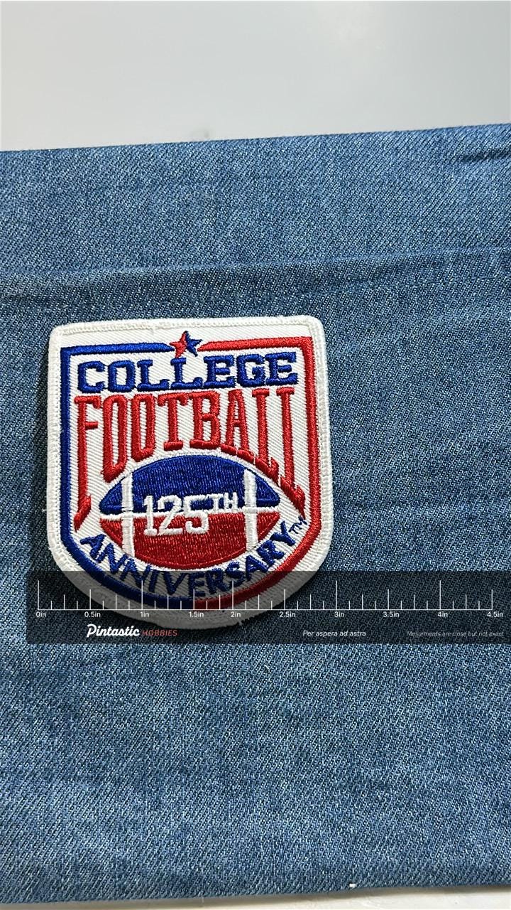 College Football 125th Anniversary Patch: Red White Blue - NCAA with ruler overlay for size reference