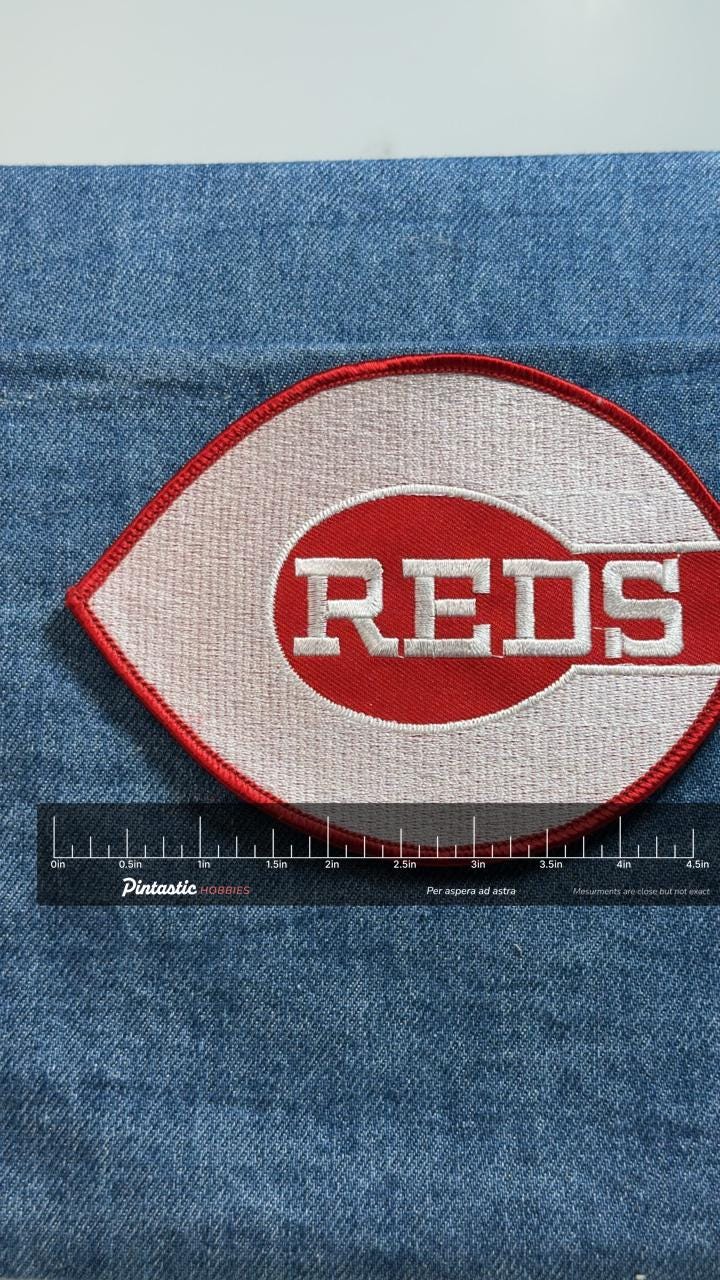 Cincinnati Reds Patch: Red & White Logo - MLB Baseball Accessory with ruler overlay for size reference