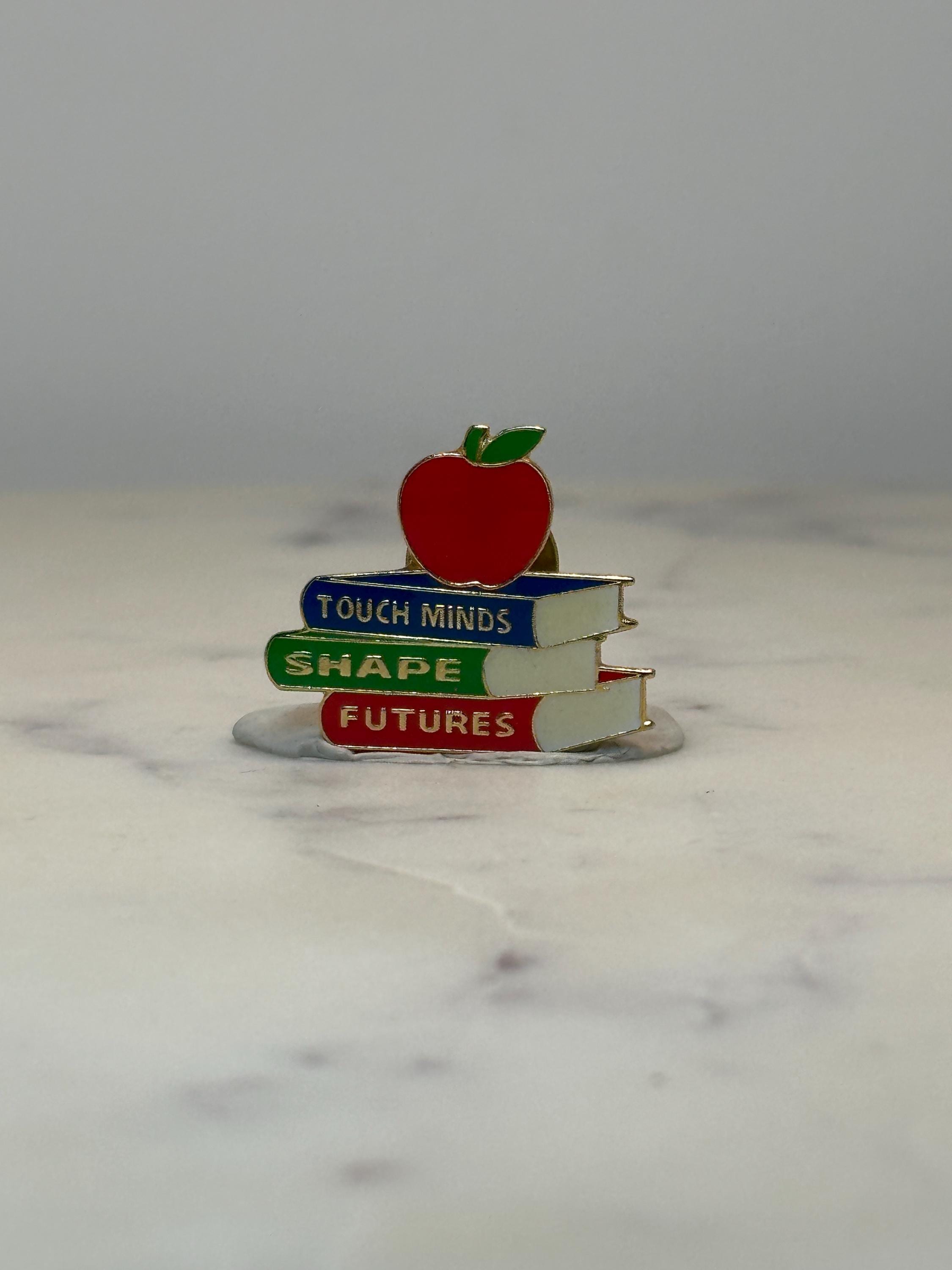 Vintage Teacher Apple Book Pin: Enamel Gold Tone - School Theme Accessory