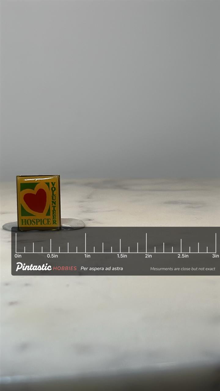 Vintage Volunteer Hospice Pin: Red Heart Enamel - Charity Accessory with ruler overlay for size reference