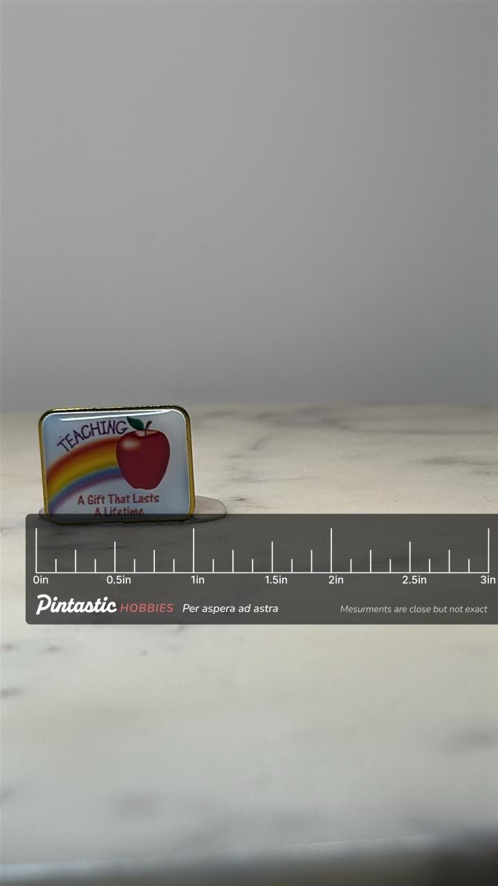 Vintage Teaching Lapel Pin: Enamel Rainbow Apple - School Gift with ruler overlay for size reference