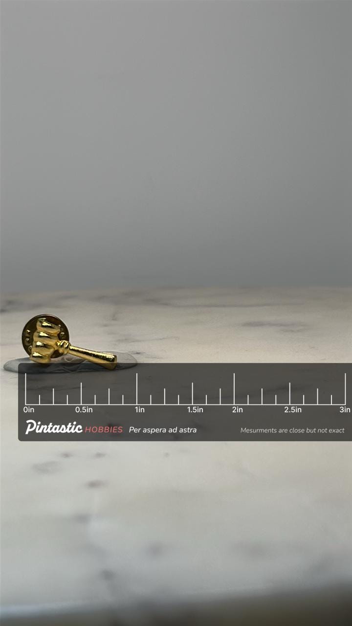 Vintage Gavel Lapel Pin: Gold Tone Metal - Legal Judge Accessory with ruler overlay for size reference