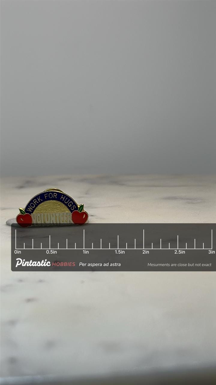 Vintage Volunteer Slogan Lapel Pin: Enamel Gold Tone - Service Accessory with ruler overlay for size reference