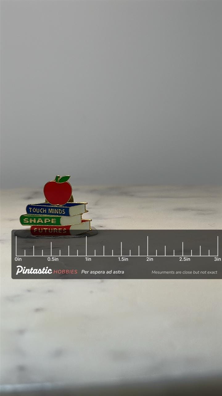 Vintage Teacher Apple Book Pin: Enamel Gold Tone - School Theme Accessory with ruler overlay for size reference