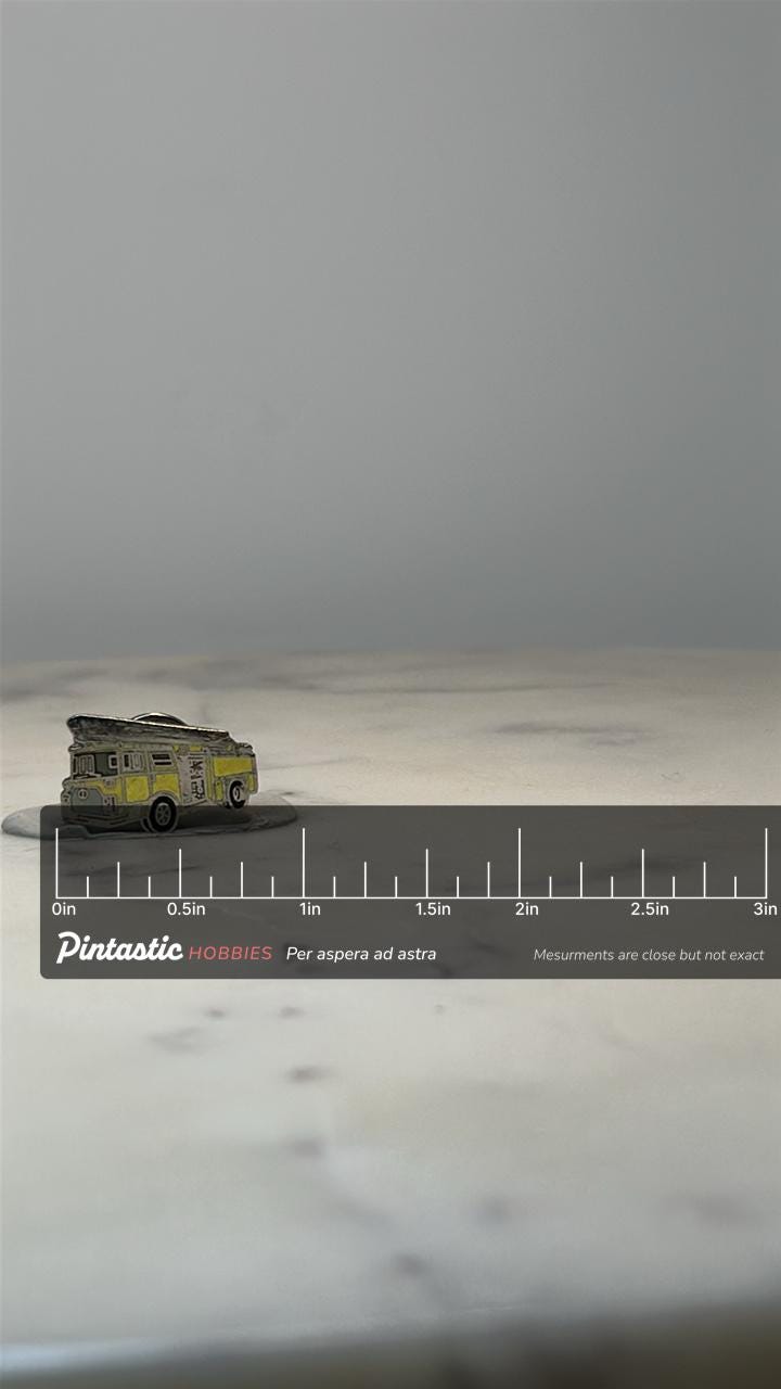 Vintage Fire Truck Enamel Pin: Yellow & Silver - Rescue Theme Accessory with ruler overlay for size reference