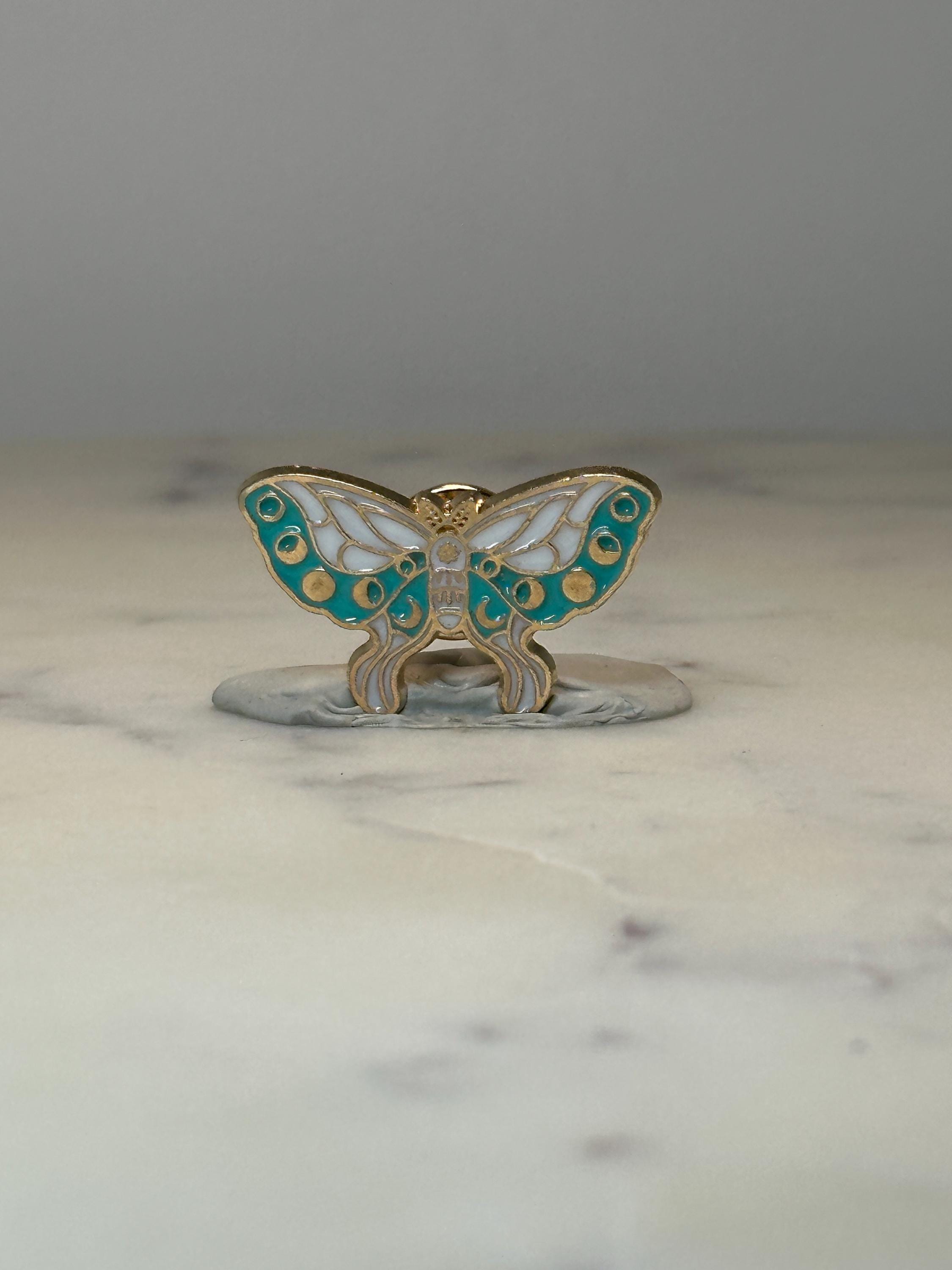 Butterfly Enamel Pin: Teal & White Gold Tone - Nature Accessory