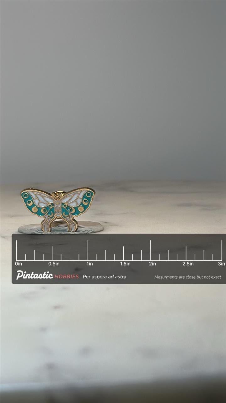 Butterfly Enamel Pin: Teal & White Gold Tone - Nature Accessory with ruler overlay for size reference